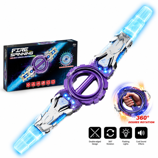 Fire-Spinning Double-Edged 360° Rotating Lightsaber Toy with LED Lights & Sound Effects